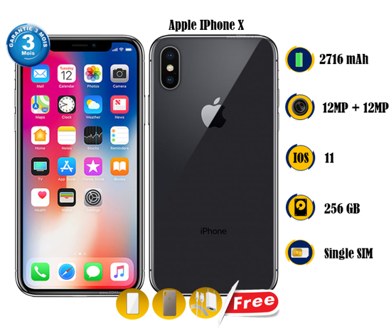 Image sur Apple iPhone X Occasion - 256GB-  2716 mAh  - 5.8 pouces - 12MP + 12MP/7MP   - Gifts( pochette+ chargeur + Glace) -03 Mois garantie