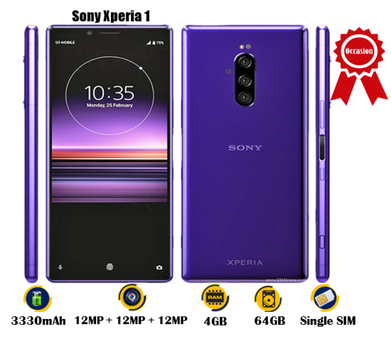 Image sur Sony Xperia 1 - Occasion - 6.5 pouces - 64G / 4G - 12MP + 12MP + 12MP  / 8MP  - 3330 mAh, non amovible   - 03 Mois garantie