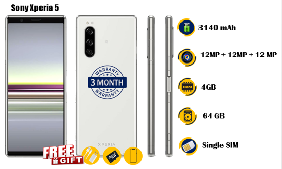 Image sur Sony Xperia 5 - Occasion - 6 pouces - 64G / 4G - 12MP + 12MP + 12MP/ 8MP  - 3140 mAh, non amovible   -  gifts(chargeur + carte mémoire 8gb+ glace) -03 Mois garantie