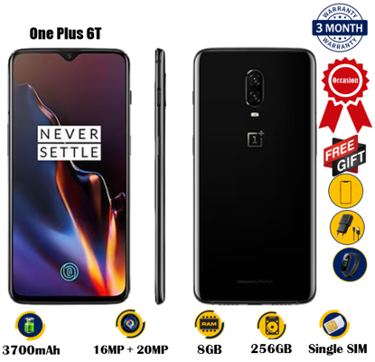Agrandir l'image de One Plus 6T - Occasion - 6.41 pouces - 256G / 8G - 16MP + 20MP / 16MP  - 3700 mAh, non amovible   -gifts (chargeur + glace + montre connectée M8) -  03 Mois garantie Image de One Plus 6T - Occasion - 6.41 pouces - 256G / 8G - 16MP + 20MP / 16MP  - 3700 mAh, non amovible   -gifts (chargeur + glace + montre connectée M8) -  03 Mois garantie