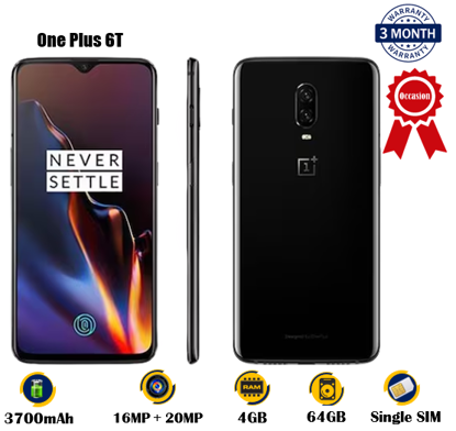 Agrandir l'image de One Plus 6T - Occasion - 6.41 pouces - 64G / 4G - 16MP + 20MP / 16MP  - 3700 mAh, non amovible   -  03 Mois garantie Image de One Plus 6T - Occasion - 6.41 pouces - 64G / 4G - 16MP + 20MP / 16MP  - 3700 mAh, non amovible   -  03 Mois garantie
