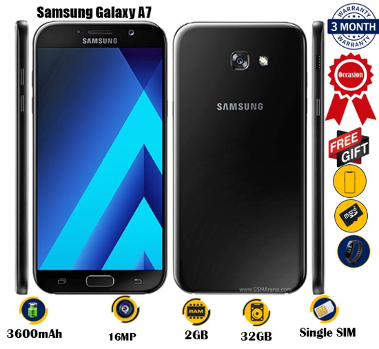Image sur Samsung Galaxy A7  - Occasion - 5.7 pouces - 32G / 2G - 16MP/16MP  - 3600 mAh, non amovible   - gifts(glace + carte mémoire 8gb + montre connectée M8) -  03 Mois garantie