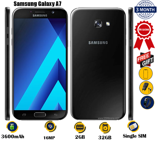 Image sur Samsung Galaxy A7  - Occasion - 5.7 pouces - 32G / 2G - 16MP/16MP  - 3600 mAh, non amovible   - gifts(glace + chargeur + montre connectée M8) -  03 Mois garantie