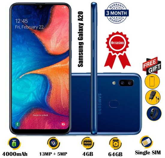 Image sur Samsung Galaxy A20  - Occasion - 6.4pouces - 64G / 4G - 13MP + 5MP/8MP - 4000 mAh, non amovible - gifts(chargeur+ montre connectée M8+ Glace) -  03 Mois garantie