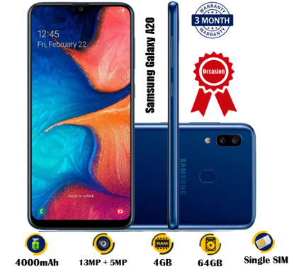 Agrandir l'image de Samsung Galaxy A20  - Occasion - 6.4pouces - 64G / 4G - 13MP + 5MP/8MP - 4000 mAh, non amovible -  03 Mois garantie Image de Samsung Galaxy A20  - Occasion - 6.4pouces - 64G / 4G - 13MP + 5MP/8MP - 4000 mAh, non amovible -  03 Mois garantie