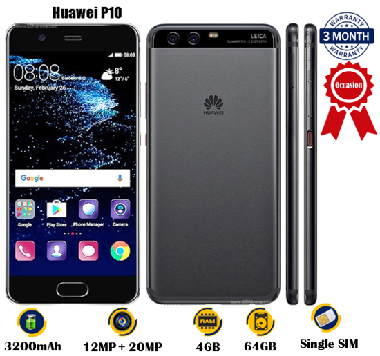 Image sur Huawei P10  - Occasion - 5.1pouces - 64G / 4G - 12MP + 20MP / 8MP - 3200 mAh, non amovible -  03 Mois garantie