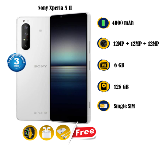 Image sur Sony Xperia 5II - Occasion - 6.1pouces - 128G / 6G - 12 MP + 12MP + 12MP / 8MP - 4000 mAh, non amovible -gifts(montre connectée  + écouteurs sans fils + Chargeur) -  03 Mois garantie