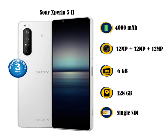 Image sur Sony Xperia 5II - Occasion - 6.1pouces - 128G / 6G - 12 MP + 12MP + 12MP / 8MP - 4000 mAh, non amovible  -  03 Mois garantie