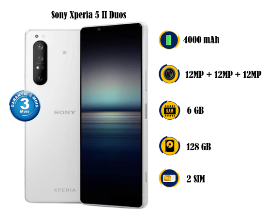 Image sur Sony Xperia 5II Duos - 6.1 pouces - Occasion - 6.1pouces - 128G / 6G - 12 MP + 12MP + 12MP / 8MP - 4000 mAh, non amovible  -  03 Mois garantie