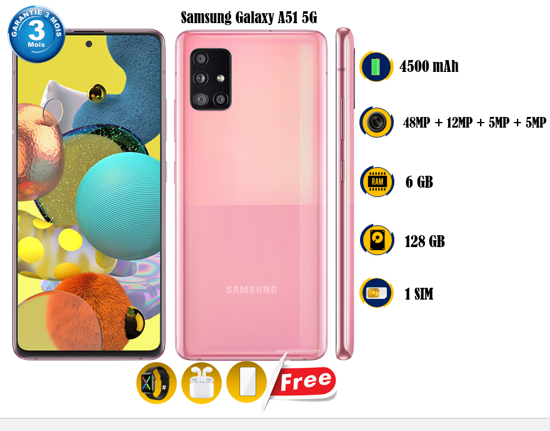 Image sur Samsung Galaxy A51  - 6.5 Pouces - 128 Go /4 Go - 48MP + 12MP + 5MP + 5MP /  32MP - 4500 mAh, non-removable  - Gifts ( montre connectée ) - 03 Mois garantie