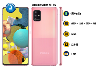Agrandir l'image de Samsung Galaxy A51 Duos- 6.5 Pouces - 128 Go /4 Go - 48MP + 12MP + 5MP + 5MP /  32MP - 4500 mAh, non-removable - 03 Mois garantie Image de Samsung Galaxy A51 Duos- 6.5 Pouces - 128 Go /4 Go - 48MP + 12MP + 5MP + 5MP /  32MP - 4500 mAh, non-removable - 03 Mois garantie