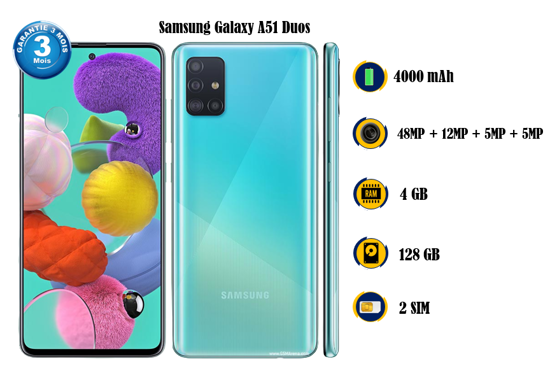 Image sur Samsung Galaxy A51 Duos - scellé- 6.5 Pouces - 128 Go / 4 Go - 48MP + 12MP + 5MP + 5MP /  32MP - 4000 mAh, non-removable - 03 Mois garantie