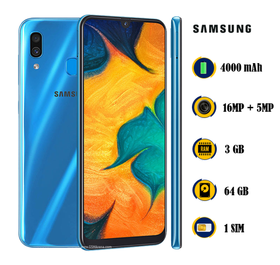 Image sur Samsung Galaxy A30 duos - scelle- 6.4 Pouces - 64 Go / 3 Go - 16MP  + 5MP /  16MP - 4000 mAh, non-removable - gifts ( Montre connectée ) -03 mois garantie