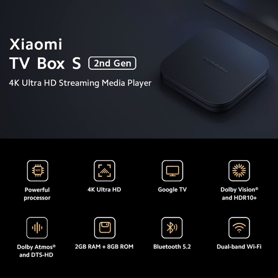 Image sur Xiaomi TV Box S (2e génération) Lecteur multimédia en streaming 4K Ultra HD, Google TV Box avec 2 Go de RAM 8 Go de ROM, double WiFi 2,4G/5G, Bluetooth 5.2 et Dolby Audio et DTS-HD, Dolby Vision, HDR10+
