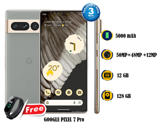 Image sur Google Pixel 7 Pro - 128 GB/  6 GB - 6.7 Pouces - 50 MP +48MP+12MP + 10MP - 5000 mAh, non-removable - occasion d'europe + Montre connectée M8 - 03 Mois garantie - copié