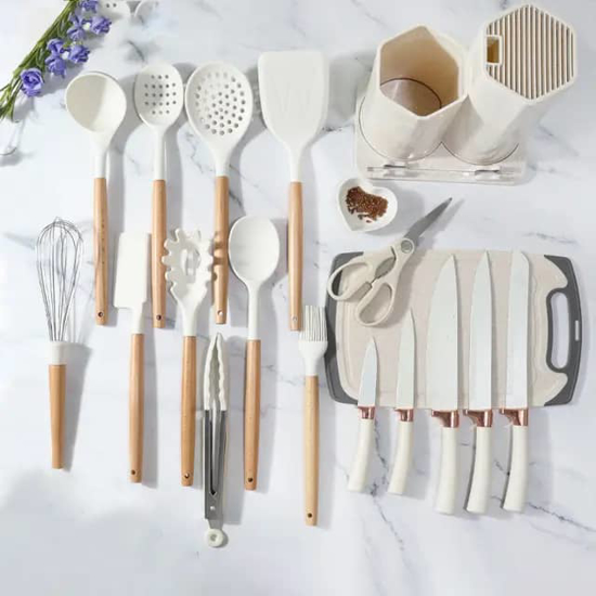 Image sur Ustensile De Cuisine - 19 Pièces - Couteaux + Planche à Découper + ciseaux + louches + pinceau + batteusse