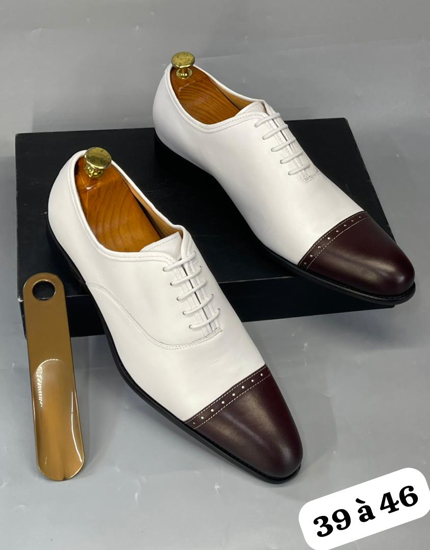 Image sur Chaussure Blanche en Cuir de très bonne qualité, bout rond et marron