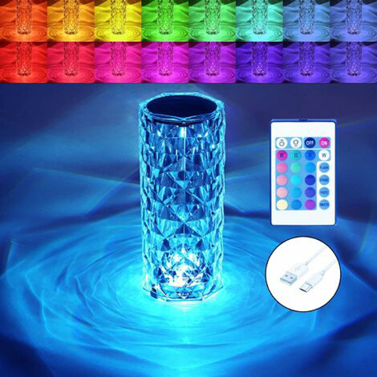 Lampe de table en cristal de diamant améliorée, 16 couleurs USB chargeant la lampe de chevet avec télécommande, lumières de bureau LED à rayons de rose acrylique pour chambre/bar/restaurant