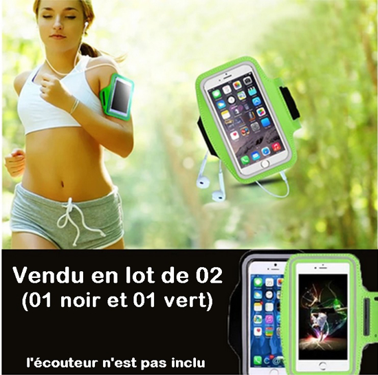 Sacoche de sport pour Smartphone étanche et antidérapant, lot de 02 pièces: couleur vert et noir.