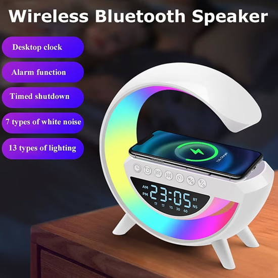 Image sur Haut-parleur Bluetooth Réveil Lampe de table LED tout-en-un pour chambre à coucher, salon, bureau, choix de cadeau Veilleuse Chargeur de téléphone sans fil
