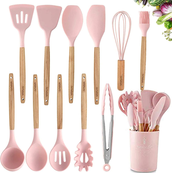 Image sur Ustensiles de cuisine en silicone - 12 pièces - Poignées en bois - Set de spatules de cuisine avec support - Cuillère et pinces - Rose