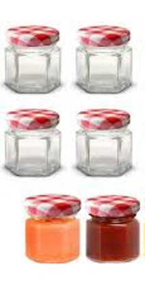 Image de Lot de 6 petits pots en verre hexagonaux avec couvercle hermétique de 45 ml - Petits pots de conservation des aliments - Bocaux en verre résistants et étanches - Avec étiquettes