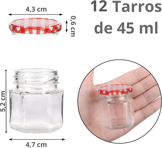 Image sur Lot de 6 petits pots en verre hexagonaux avec couvercle hermétique de 45 ml - Petits pots de conservation des aliments - Bocaux en verre résistants et étanches - Avec étiquettes
