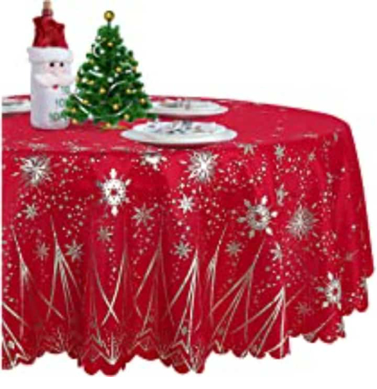 Image sur Nappe de Noël Fitable Nouvel An Flocon de neige Maison Decor Nappe ronde parfaite pour les fêtes Table à manger de cuisine  6 PLACES