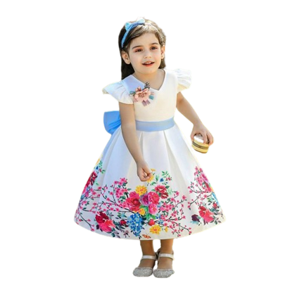 Agrandir l'image de Robe fleuri pour fillette en satin et coton avec bandeau de 2-4 ans Image de Robe fleuri pour fillette en satin et coton avec bandeau de 2-4 ans