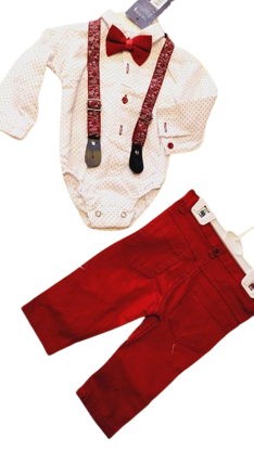 Image de Ensemble grenouillière en forme de chemise + pantalon +noeud papillon et bretelle pour nourisson de 9-24 mois