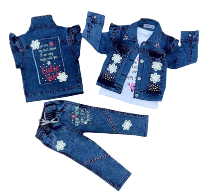 Agrandir l'image de Ensemble jean 03 pièces pour fillette ( Pantalon+ veston+ t-shirt) de 1-4 ans Image de Ensemble jean 03 pièces pour fillette ( Pantalon+ veston+ t-shirt) de 1-4 ans