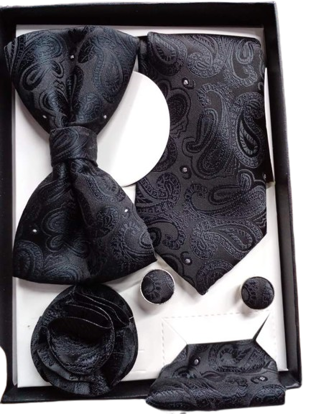 Image de Ensemble cravate + Noeud papillon+ Manchette+ Fleurs en laine,