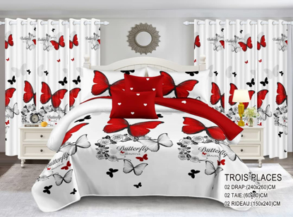 Image de Ensemble draps + rideaux  pour lit 3 places motif papillon