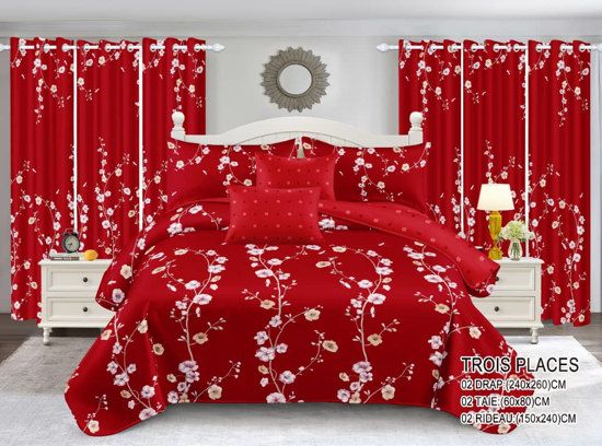 Image sur Ensemble draps + rideaux  pour lit 3 places  motif fleurie