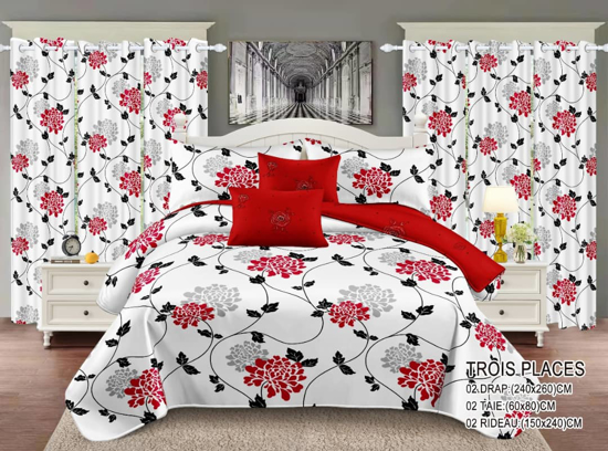 Image sur Ensemble draps + rideaux  pour lit 3 places motif fleurie