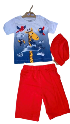 Agrandir l'image de Ensemble culotte, t-shirt et chapeau pour bébé  de 3-24 mois Image de Ensemble culotte, t-shirt et chapeau pour bébé  de 3-24 mois