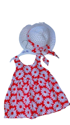Agrandir l'image de Robette d'été en coton fleuri de rouge avec chapeau pour fillette de 6-24 mois Image de Robette d'été en coton fleuri de rouge avec chapeau pour fillette de 6-24 mois