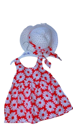 Image sur Robette d'été en coton fleuri de rouge avec chapeau pour fillette de 6-24 mois