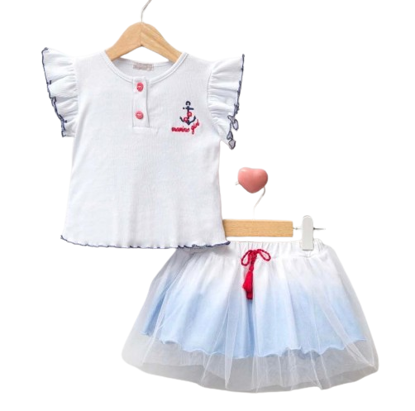 Agrandir l'image de Ensemble haut en coton et jupe en petit voile pour fillette de 9-18 mois Image de Ensemble haut en coton et jupe en petit voile pour fillette de 9-18 mois