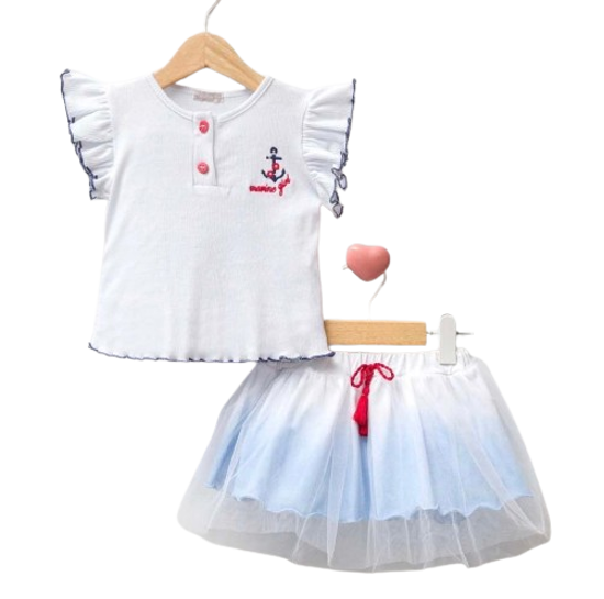 Image sur Ensemble haut en coton et jupe en petit voile pour fillette de 9-18 mois