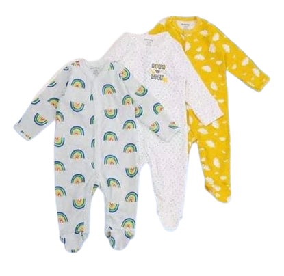 Agrandir l'image de Lot de 03 grenouillères en coton mixte, blanc, jaune, multicolore de 1 - 9 mois Image de Lot de 03 grenouillères en coton mixte, blanc, jaune, multicolore de 1 - 9 mois