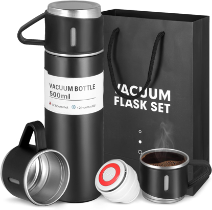 Image de Bouteille Isotherme Coffret Cadeau, Gourde Isotherme Etanche avec Tasse et Couvercle, Mug Isotherme Cafe en Acier Inoxydable pour Café et Thé, Tasse de Voyage 500 Ml pour Travail, Ecole (Noir)