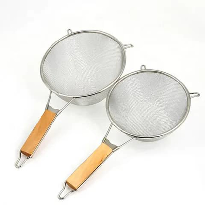 Image de 2 pièces/ensemble treillis maille fine en acier inoxydable tache huile farine passoire poignée en bois