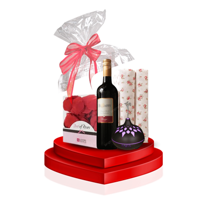 Image de Pack Amour Saint Valentin ( Draps fleuris, Pétales de Rose, Vin rouge, Diffuseur de senteur)