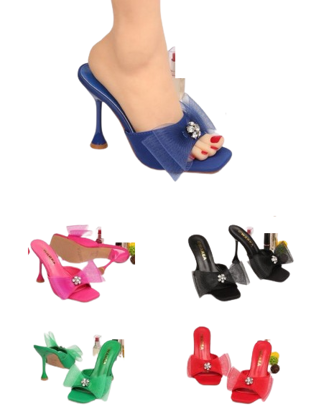 Image de Sandales talons mules bout carré avec boucle argentée et un nœud papillon