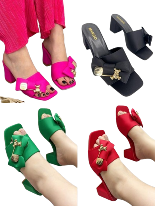 Image de Sandales mules à talons à bout carré avec nœuds papillon sur le côté avec petite chaîne