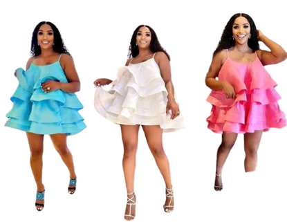 Agrandir l'image de Robe courte à volants en cascade pour femme, bretelles spaghetti, robe de gâteau sexy Image de Robe courte à volants en cascade pour femme, bretelles spaghetti, robe de gâteau sexy