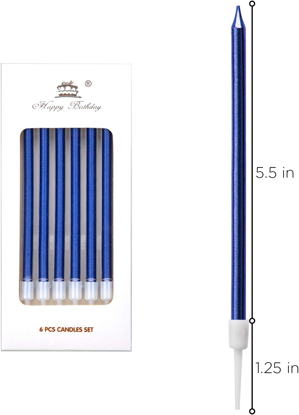 Image de 6 Métallique Bougie Longue Chandelle Bleu Bougies d'anniversaire avec Support Bougies de Gâteau pour la décoration de fête de Mariage d'anniversaire