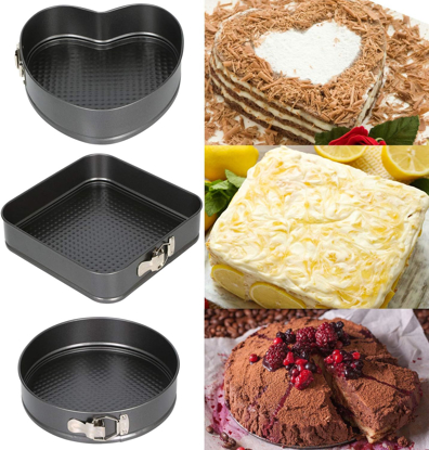 Agrandir l'image de Set de 3 Moules à gâteaux amovibles et antiadhésifs de 3 Formes différentes: Rond, Carré, Cœur Image de Set de 3 Moules à gâteaux amovibles et antiadhésifs de 3 Formes différentes: Rond, Carré, Cœur