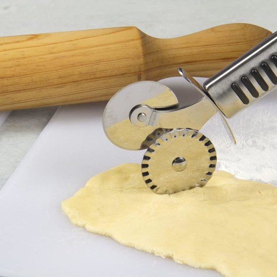 Image sur Roulette à pâtisserie double en acier inoxydable, parfaite pour roulette à pizza, coupe-pâte, coupe-pâtes, roulette de coupe raviolis